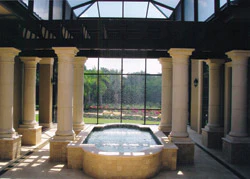 photo of reflection pond with automated rainfall-style sheeting