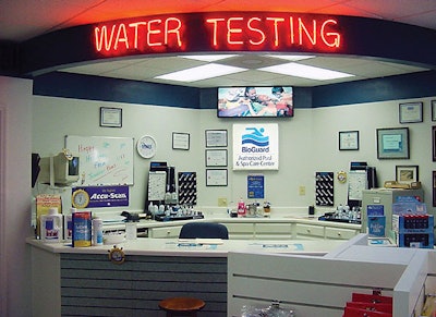 An organized and easy-to-find testing station facilitates a smoother process for dealers and customers. (Courtesy Johnson Pools and Spas)