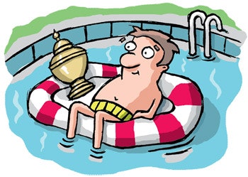cartoon of a man floating on an inner tube with an urn
