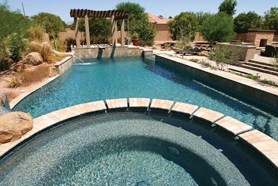 Sand filters, while often preferred for pools with high dirt loads, take up more space on a typical equipment pad and are less hydraulically efficient than other types of filters. This job uses both a sand filter (for the pool) and a cartridge filter (for laminar-style water features). (photos courtesy Rick Chafey | Red Rock Pools)