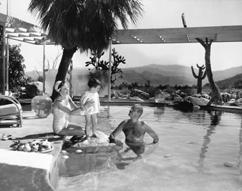 b/w photo of family pool