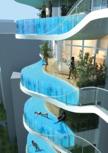 photo of hotel with swimming pools on the balconies