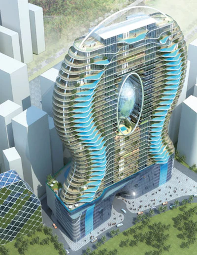 photo of hotel with swimming pools on the balconies