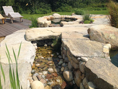 Although a completely separate system, the circular stone-clad spa is visually linked to the pool and regeneration zone via a small stream. (Photos courtesy of Jesse Dutra)