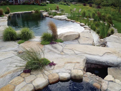 The dramatic stonework is softened by the use of plantings that create a visual weave with the plantings in the regeneration zone, creating an inviting and tranquil setting.