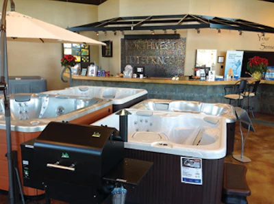 An angled hot tub selection allows customers to get up close with each model.