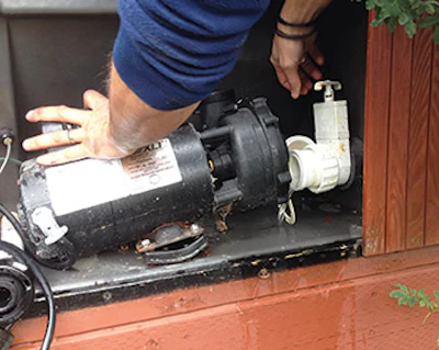 Before you refill, (referring to wet end of pumps and heater housing here) make sure to go to your lowest elevation union and disconnect to allow flushing of the last residual waste water from the control and delivery system.
