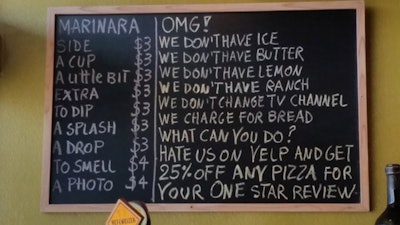 Photo Of A Restaurant Chalkboard Featuring Complaints From Yelp