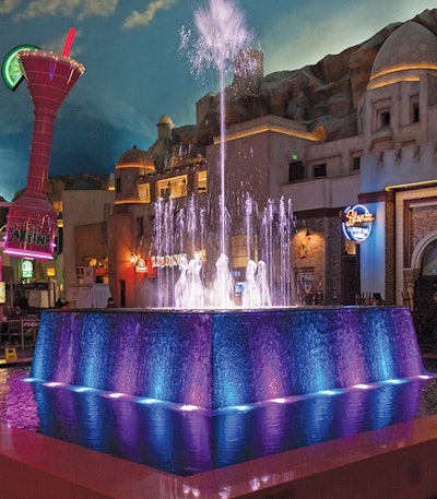 Musical fountain at Miracle Mile Shops in Las Vegas. All fountains shown in this feature were choreographed and programmed by Scott Palamar, H2Oarts. (All photos ©2015 by Scott Palamar | H2Oarts)