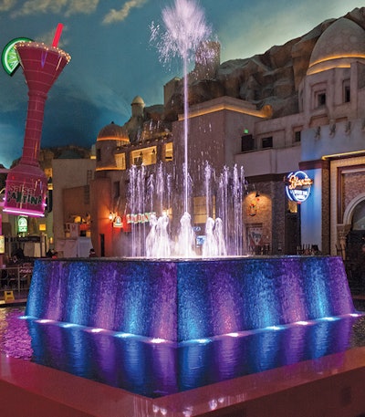 Musical fountain at Miracle Mile Shops in Las Vegas. All fountains shown in this feature were choreographed and programmed by Scott Palamar, H2Oarts. (All photos ©2015 by Scott Palamar | H2Oarts)