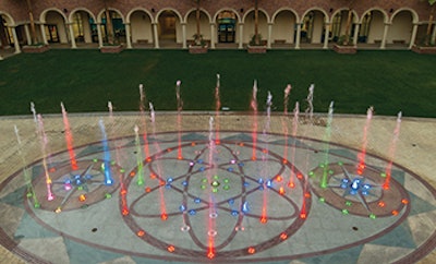 109 jets make up this interactive musical fountain at the Lorenzo, an amazingly upscale USC student apartment complex in Los Angeles. (All photos ©2015 by Scott Palamar | H2Oarts)