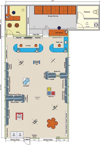 This is the store layout for Claffey Pools in Southlake, Texas. This layout features a couple end caps that display specialty items likely to catch a customer's eye.