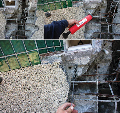 The first step in this repair process involves 'stitching' the structure with new rebar staples in order to re-establish structural integrity. Here we can see the holes I've drilled where I'll anchor the new steel in epoxy. It's crucial to locate these anchor positions in solid, competent material. Also, whenever possible, I try to position the staples so that they anchor behind an adjacent piece of vertical steel. This not only locks the sound gunite but also buttresses the structural steel itself. Attaching them in substandard material is useless. Once we've located and drilled the holes, it's equally important to make sure they're free of debris, which is why I blow them out using compressed air, followed by two passes with a wire brush and a final blowout cleaning. - Click to enlarge