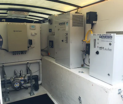 The trailer contains two separate systems, one for large pools, the other for smaller bodies of water. Both include ozone, UV and chlorine injection, all of which can be run separately, in tandem or all together. - Click to enlarge