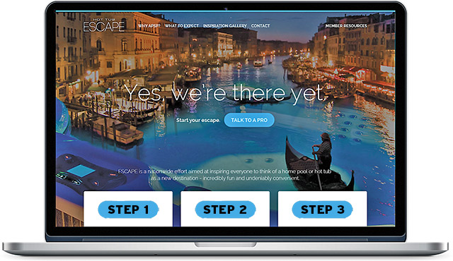 Screenshot of the Escape website for hot tubs, with evening scene of Venice as backdrop. When the site goes live, the three buttons in foreground will link to instructions to move the buying process forward.