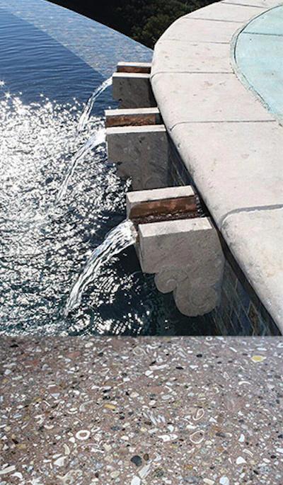 The project features a number of interesting details, including the custom scuppers and the concrete counters that include abalone and other seashells embedded in the surface.