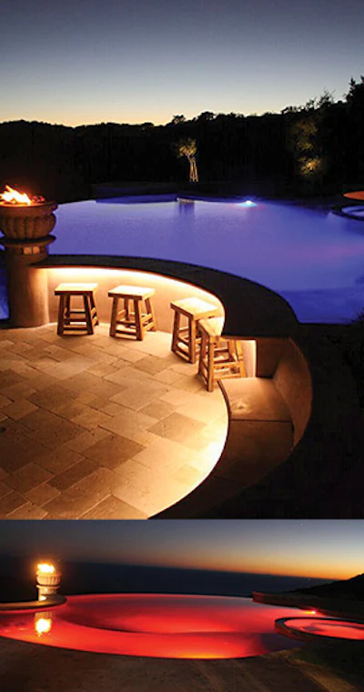 As day becomes night, the combination of LED lighting and fire features works to create a truly romantic ambiance. The hypnotic beauty of the setting helped the clients and us set aside the maddening hassles that turned the permitting process into a painfully long and winding road.