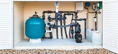 Swimming pool equipment room near the Florida coast. Even ODP pumps installed inside a protective shelter can be vulnerable to corrosion caused by salt air.