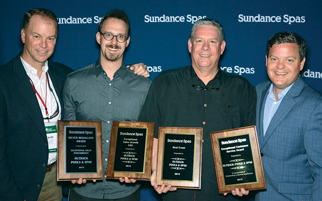 From left to right: Kevin Sheffer, Sundance Spas regional manager; Austin Buckingham, Outback&rsquo;s digital marketing manager; Paul Buckingham, owner of Outback Pools & Spas; and Drew Meng, president of North American spa business, Jacuzzi Worldwide. Photo taken after Outback won four awards for stellar sales performance in 2015.