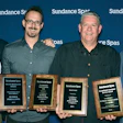 From left to right: Kevin Sheffer, Sundance Spas regional manager; Austin Buckingham, Outback’s digital marketing manager; Paul Buckingham, owner of Outback Pools & Spas; and Drew Meng, president of North American spa business, Jacuzzi Worldwide. Photo taken after Outback won four awards for stellar sales performance in 2015.