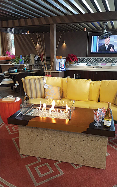 This vignette showcases a pergola, fire pit, portable spa and more.