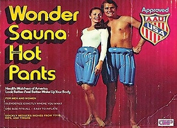 The models tell the story in this mid-century ad, suggesting the zest for life which sauna pant users often experience.