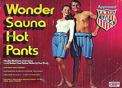 The models tell the story in this mid-century ad, suggesting the zest for life which sauna pant users often experience.