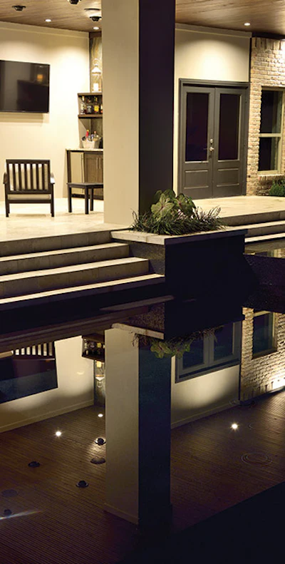 The pavilion and patio serve as the perfect viewing points for the video system, as do the pool steps.