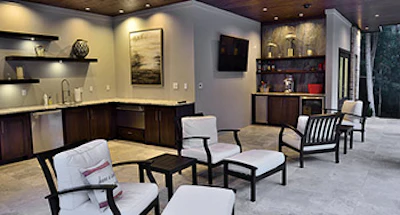 The pavilion brims with luxurious finish elements including a ceiling mounted sound system that can add the ambiance of background music or the drama of a motion picture soundtrack.