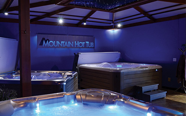 At Mountain Hot Tub in Montana, mood lighting captures the spirit of nighttime hot tubbing.
