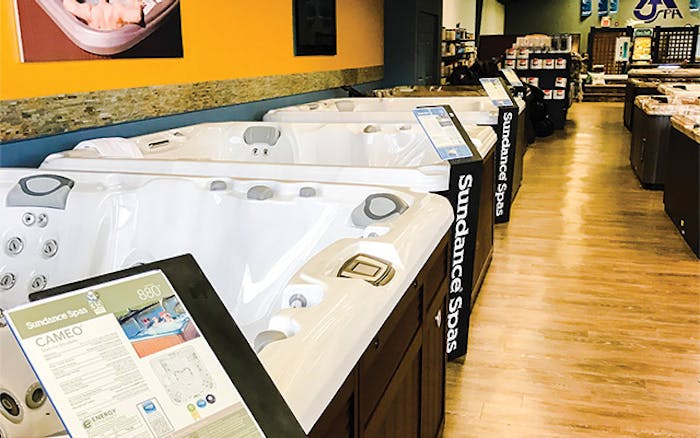 A look inside the showroom at AJ Spa & Hot Tubs. AJ Spa boasts an 8,000 square-foot showroom with four spa lines: Sundance Spas, Signature Spas, Nordic Spas and Life’s Great.