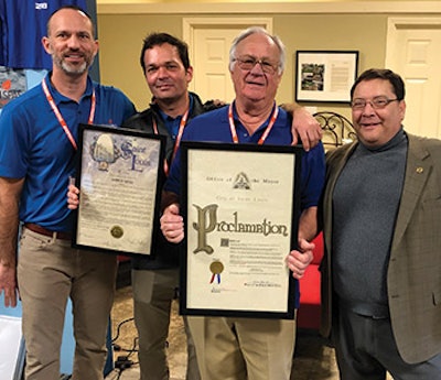 Aspen Spas receives a city proclamation declaring March 20 Aspen Spas Day in the city of St. Louis. (L to R): Tom Bania (owner), Sam Bania (owner), Lee Bania (founder) and Joe Vaccaro (alderman for the 23rd ward).