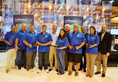 2016 PLEATCO PERFECT POOL GUY/GAL WINNERS CEREMONY, New Orleans: (Left to right) Todd Riddick (Backyard Hero Award); Mark Howard (Big Heart Award); Jason Lehmann (Industry Leadership Award); Cory Eagles (2017 Perfect Pool Guy); Howard Smith, CEO of Pleatco; Erin Thibodeau (Outstanding Service Award); Brian Van Bower, Genesis Co-Founder; Douglas Hoerber (Lifetime Achievement Award); Skip Phillips, Genesis Co-Founder; Jennifer Del Vaglio (2017 Perfect Pool Gal); Thomas Lachocki, CEO of NSPF.