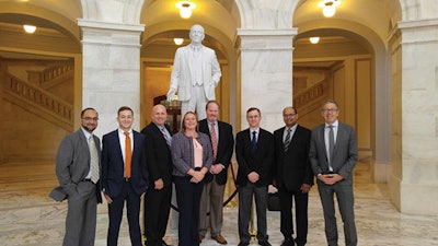 Members of APSP’s 2017 Energy Coalition Washington, D.C., attend meetings on Capitol Hill. From L to R: Shajee Siddiqui, Zodiac; Taylor Baljon, Speck-Pumps; Jeff Farlow, Pentair; Jennifer Hatfield, APSP; Carl Chidlow, WSW; Scott Petty, Hayward; Chandra Gollapudi, Regal-Beloit; and Rich Gottwald, APSP.