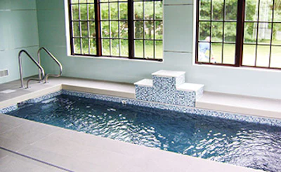 These two spools by New York's Miller Bergen Pools offer elegant examples of how the small size helps accommodate either roof top or indoor installations.