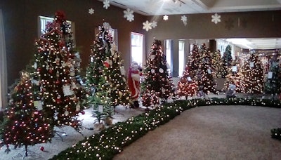The tree display stands at the front of the store.
