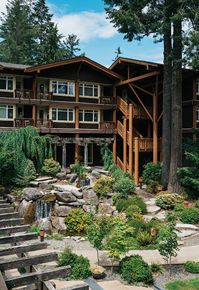 This courtyard waterfall and pond provides an inviting transition from Alderbrook's main building to the surrounding landscape.