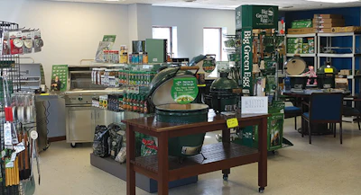 The Big Green Egg display at Hot Tub Tony's incorporates both EGGs and EGGcessories.