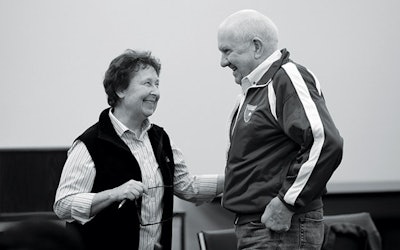 Paulette Pitrak speaks with Tom Doran of Adirondack Pools at NESPA’s 2008 Congress of Committees.