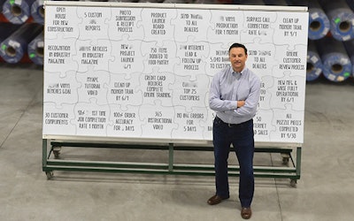 Automatic Pool Covers owner and President Michael Shebek stands in front of company goals for the season.