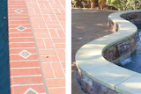 Here are two classic examples of expansion joints. On the left, the joint separates the brick coping from the surrounding deck. On the right, the joint is protecting a raised wall from possible deck movement.