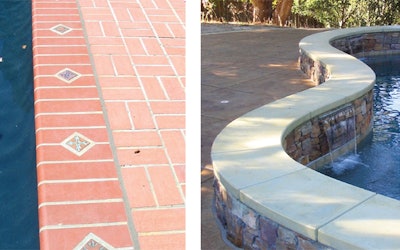 Here are two classic examples of expansion joints. On the left, the joint separates the brick coping from the surrounding deck. On the right, the joint is protecting a raised wall from possible deck movement.