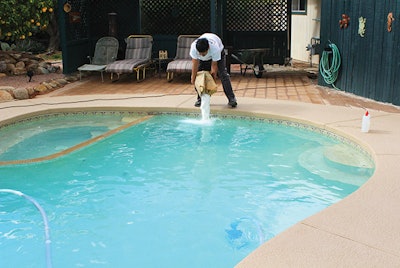 When we dump a large slug of soda ash into the pool, we temporarily create a small area of high pH, perhaps in the 10 range, which causes precipitation of calcium carbonate.