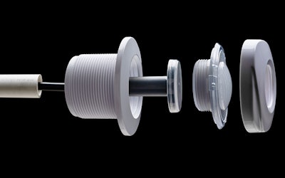 S.R. Smith’s Mod-Lite, showing cover, light, fitting and power source. There is no wire connection between the light and the power source. Power is transferred by magnetic induction.