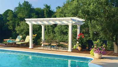 While pergolas have side panels or even side walls, the roof is usually left open, offering shade while still allowing some sun to shine through. Photo courtesy of Amish Country Gazebos.