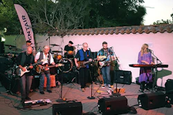 The Pool Man’s Band plays the PIE show Friday evening, September 20, outside the Portola Plaza Hotel in Monterey. Front row, left to right: Greg Crumbo, lead guitar/Diablo Valley Pool Pros, Pleasant Hill, Ca.; Eric Christiansen, guitar and vocals, Pentair Aquatic Systems, North Bay Area, Ca.; Dean D’Orio, bass guitar and vocals, Superior Pool Products, Santa Rosa, Ca.; Brandon Hendrickson, lead guitar/vocals, Aquascape Custom Crafted Pools, Petaluma, Ca.; Jennifer Spalding, keyboards and vocals, The Pool Doctor, El Sobrante, Ca. Back row, left to right: Nick Woodson, drums and vocals, Pentair Aquatic Systems Walnut Creek, Ca.; Joe D’Orio, drums, Advanced Pool Service, Redding, Ca.