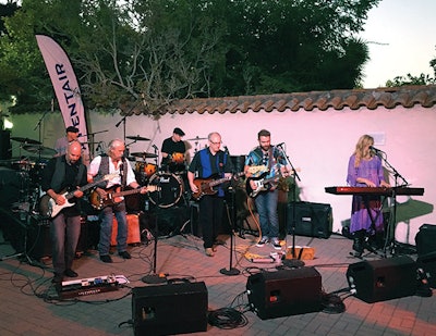 The Pool Man’s Band plays the PIE show Friday evening, September 20, outside the Portola Plaza Hotel in Monterey. Front row, left to right: Greg Crumbo, lead guitar/Diablo Valley Pool Pros, Pleasant Hill, Ca.; Eric Christiansen, guitar and vocals, Pentair Aquatic Systems, North Bay Area, Ca.; Dean D’Orio, bass guitar and vocals, Superior Pool Products, Santa Rosa, Ca.; Brandon Hendrickson, lead guitar/vocals, Aquascape Custom Crafted Pools, Petaluma, Ca.; Jennifer Spalding, keyboards and vocals, The Pool Doctor, El Sobrante, Ca. Back row, left to right: Nick Woodson, drums and vocals, Pentair Aquatic Systems Walnut Creek, Ca.; Joe D’Orio, drums, Advanced Pool Service, Redding, Ca.