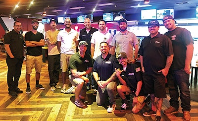 The San Diego chapter of PHTA held its first local meeting of WAVE Young Professionals Network on Aug. 1, drawing 12 participants to a bowling outing. They included: (kneeling, left to right) Matt Vedenoff, Clear Expectations Pools; Dustin Anderson, Precision Aquatics; Joey Busic, Precision Aquatics; (standing, left to right) Daniel Nicholas, Jandy; Paul Cubbison, Diamond Pool & Spa Care; Soly Thomson, Phenomepool; Dan Schreiber, H20 So Clean Pool & Spa Services; Robert Swank, Precision Aquatics; Travis Hetzner, Oreq; Donny Rocovits, Precision Aquatics; Jeff Simon, Portside Pool & Spa; and Terry Clason, Coral Pool and Spa.