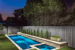 In this renovation, Bowen Pools updated the coping with a new ice travertine, updated the tile and plastered the pool with Wet Edge Technologies Grigio Treasure, which is a polished finish. The pool’s equipment was replaced with newer, more efficient Jandy equipment. Automation was also added, so the client can control the system from their phone. (Photo courtesy Bowen Pools, Landscaping by Lawns of Dallas, Photography by Nick Allen Photography)