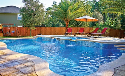 This 16 x 40-foot fiberglass beauty by Renaissance Pools And Spas, Jacksonville, Fla., was gracefully enhanced with glass tile at the waterline and a spillover spa, as well as a majestic coping and deck paver combo.